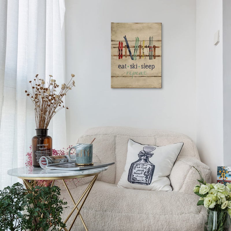 PHAMTE Eat Sleep Ski Repeat Wall Art,Farmhouse Rustic Winter Holiday Sport Ski Sleighs Vintage Print Framed Canvas Painting Artwork Home Bedroom Living Room Skiing Teen Room Cabin Decor(11x14 Inch) - Image 2